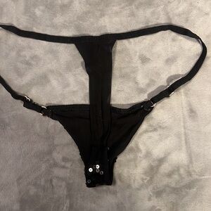 🔥VINTAGE BLACK SHINY DANCER/STRIPPER RHINESTONE ADJUSTABLE THONG
